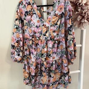 Plus size Floral V-Neck Long Sleeve Dress